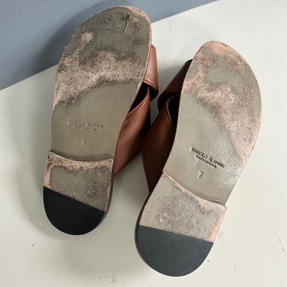 Manolo Blahnik Sandals Mens size 7 Brown Leather Criss Cross Slide Italy Euro - Picture 9 of 9
